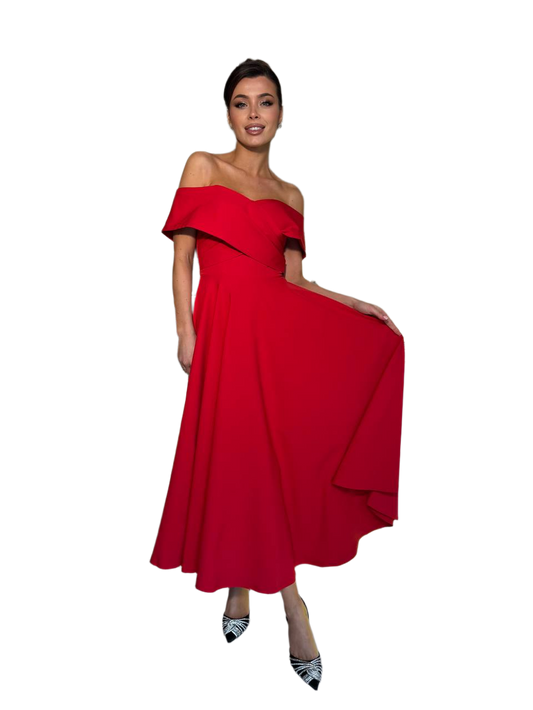 Elegant Off Shoulder Diagonal Crepe Dress for Women in Red