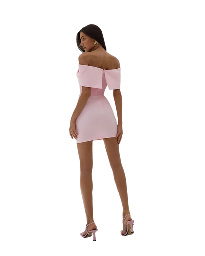 Elegant Off Shoulder Mini Dress with Corset Base in Powder Pink