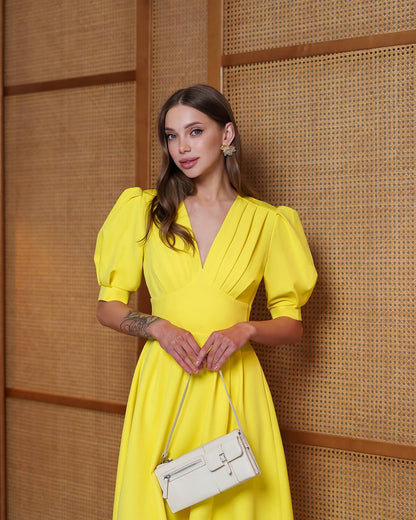 Elegant Yellow Midi Dress Women Premium Crepe Fabric