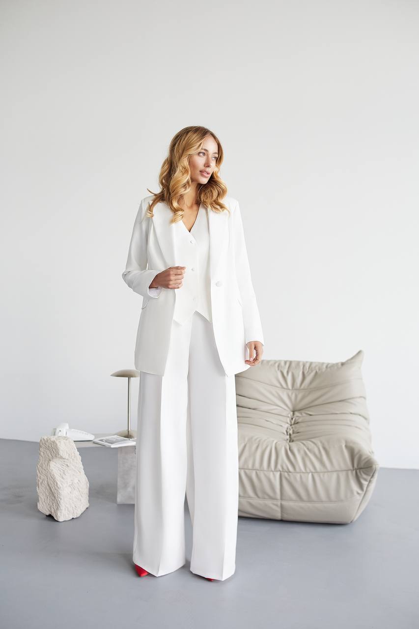 White Three Piece Womens Suit Premium Diagonal Crepe Lined Vest Jacket Trousers