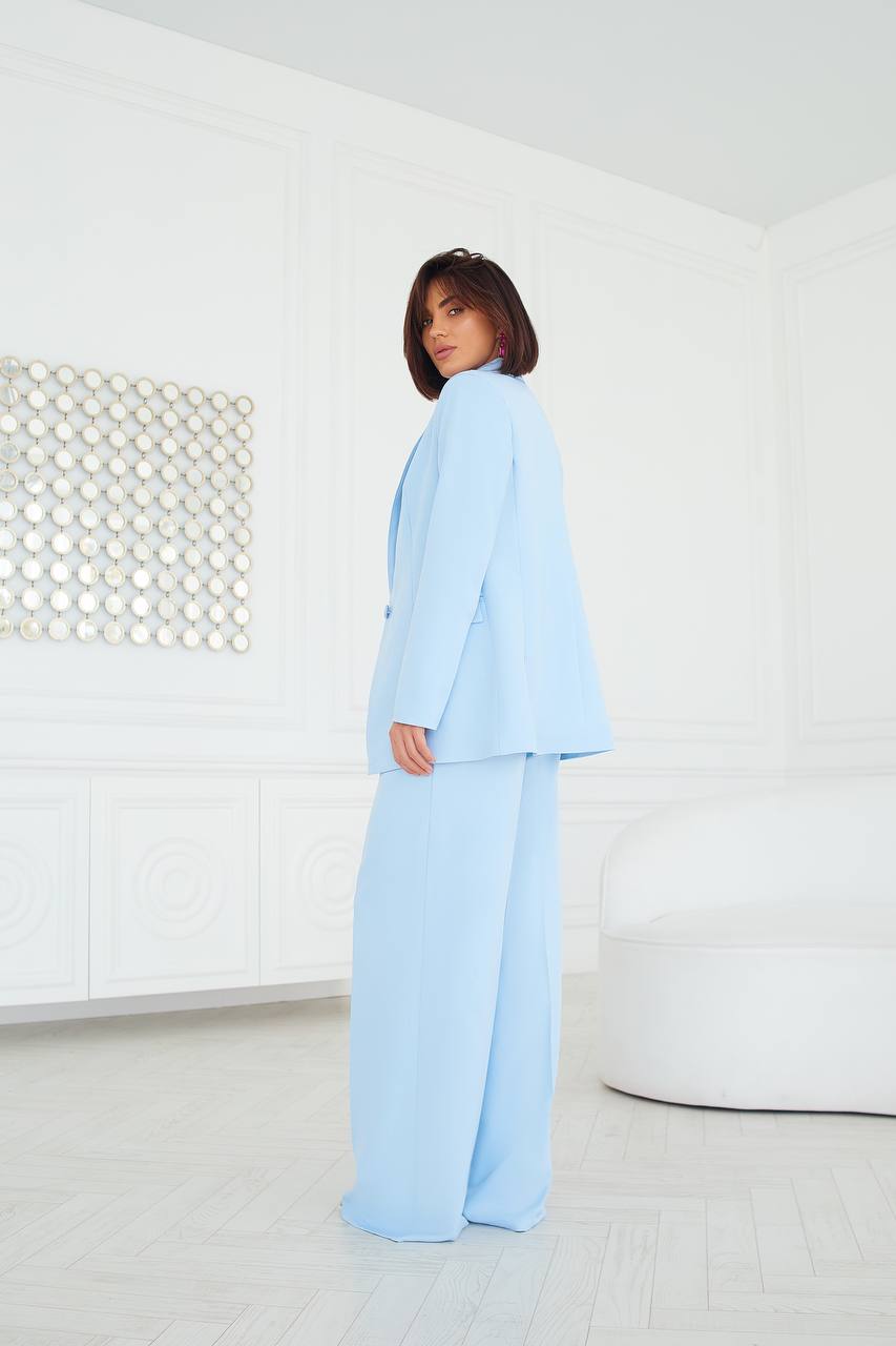 Women Three Piece Suit Sky Blue Diagonal Crepe Lined Vest Jacket Trousers