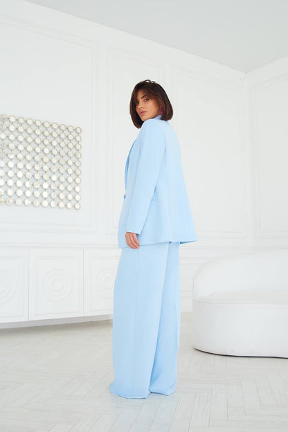 Women Three Piece Suit Sky Blue Diagonal Crepe Lined Vest Jacket Trousers