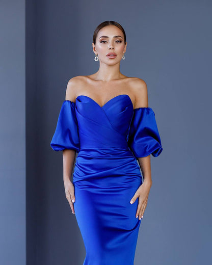 Royal Blue Midi Corset Dress with Puffed Sleeves