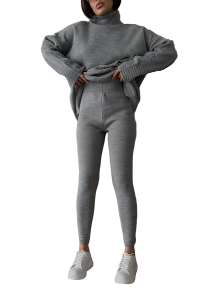 Gray Ribbed Oversized Knit Sweater and Shaping Leggings Set