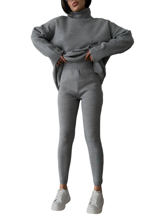 Gray Ribbed Oversized Knit Sweater and Shaping Leggings Set