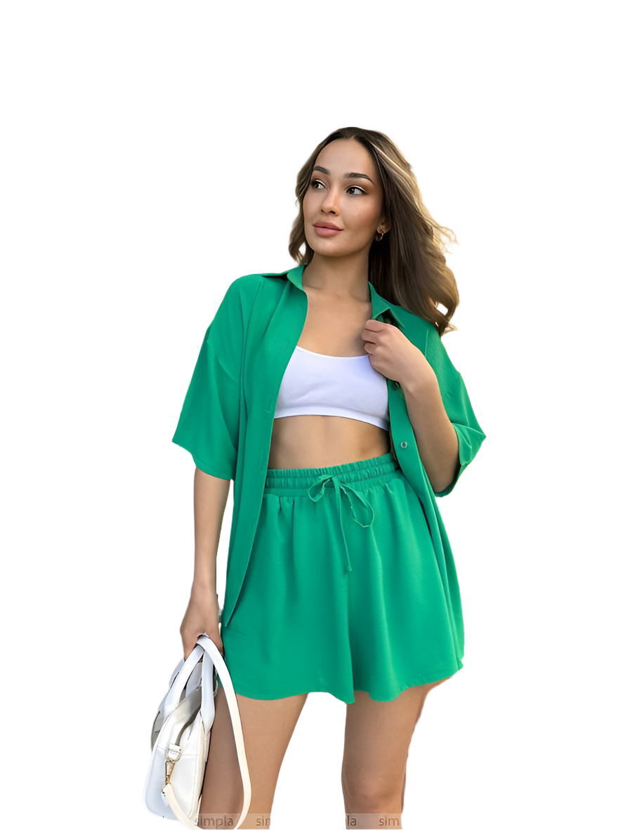 Light Summer Two-Piece Suit Women Green Crepe Fabric