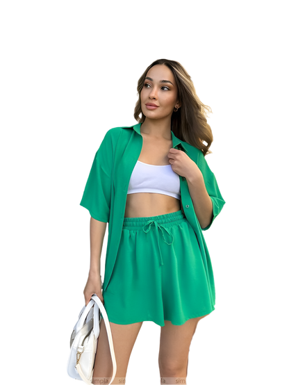 Light Summer Two-Piece Suit Women Green Crepe Fabric