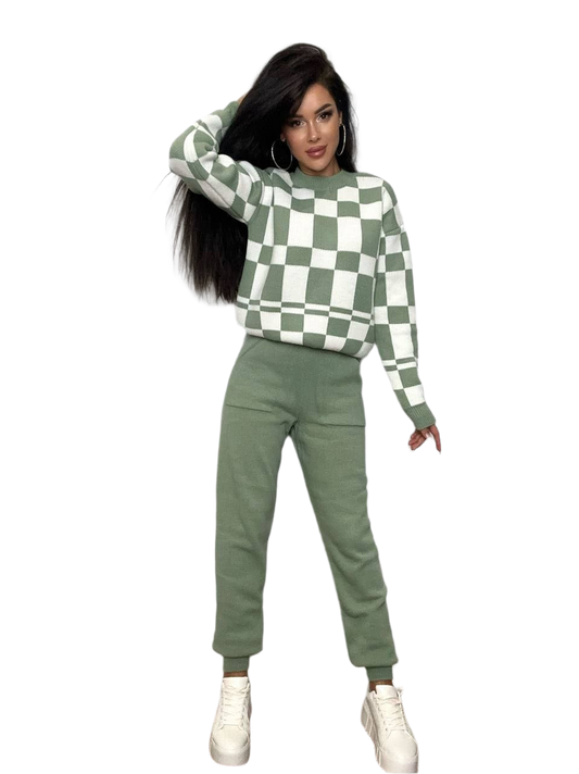 Womens Knitted Plaid Suit in Light Olive Green