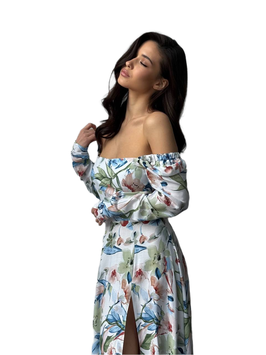 Woman wearing a floral off-shoulder dress on a white background