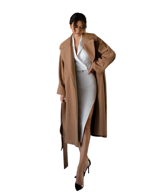 Oversized Women's Coat in Camel Color with Wool Thread