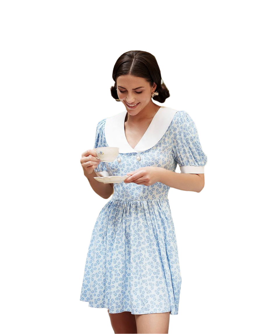 Stylish Short Floral Dress with Cotton Collar in Blue Print