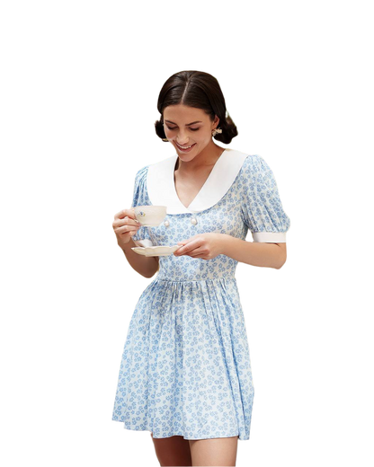 Stylish Short Floral Dress with Cotton Collar in Blue Print