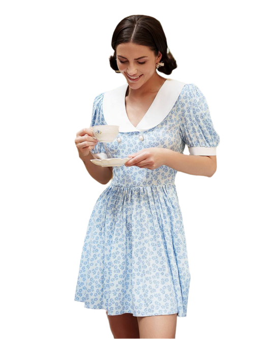 Stylish Short Floral Dress with Cotton Collar in Blue Print