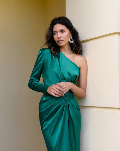 Women Midi Dress Asymmetric Sleeve Dense Mango Atlas Dress