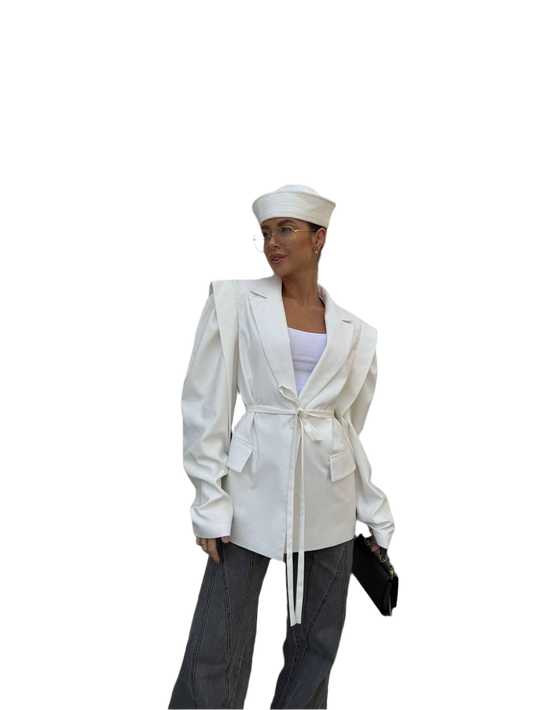 Womens White Fitted Blazer with Structured Shoulders and Waist Tie