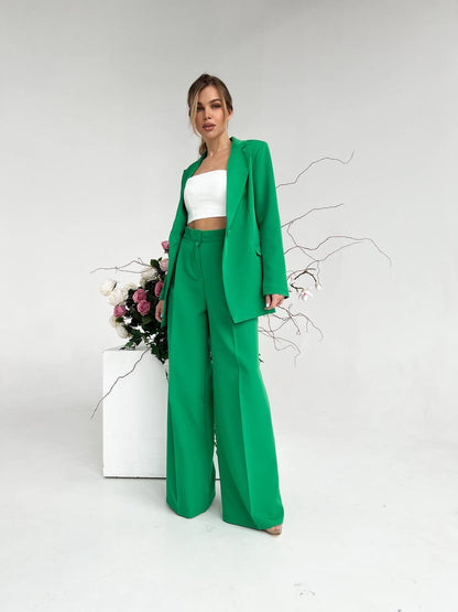 Grass Green Palazzo Suit Diagonal Crepe Womens Wide Leg Two Piece