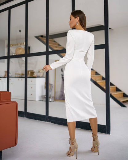 Elegant Women Midi Dress in Dense Mango Satin