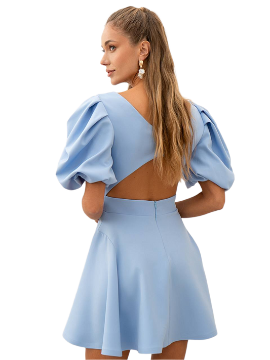 Light Blue Puff Sleeve Dress in Diagonal Crepe with Open Back