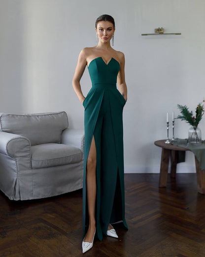 Green Women Jumpsuit Bridal Wedding Bridesmaid Prom Graduation Rehearsal Dinner Corset Top Wide Pants Cullotes Palazzo Emerald