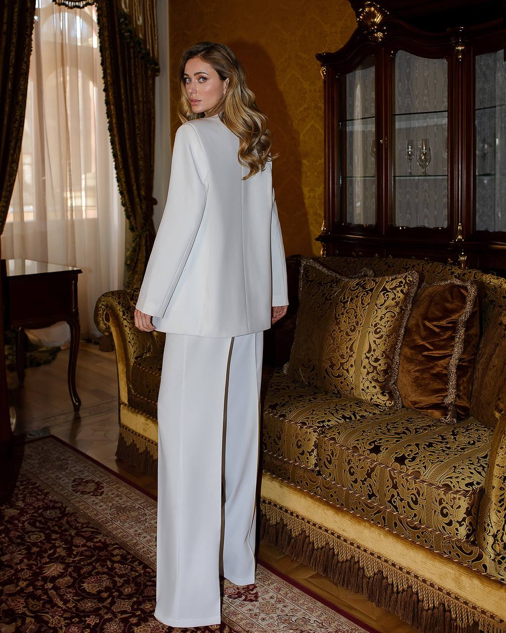 Womens White Three Piece Suit Premium Crepe Diagonal Fabric