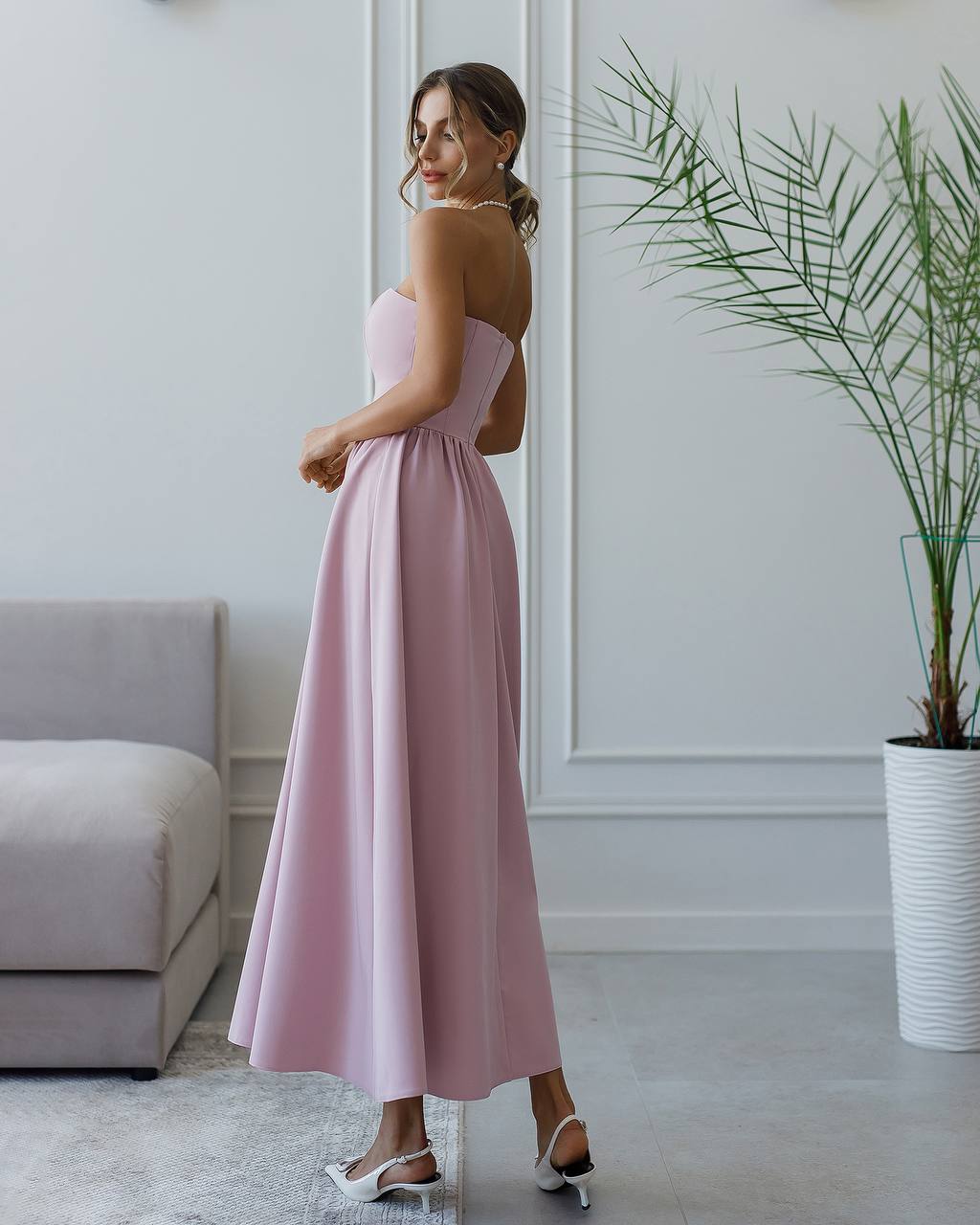 Strapless Midi Dress Women Premium Crepe Fabric Elegant Cocktail Dress