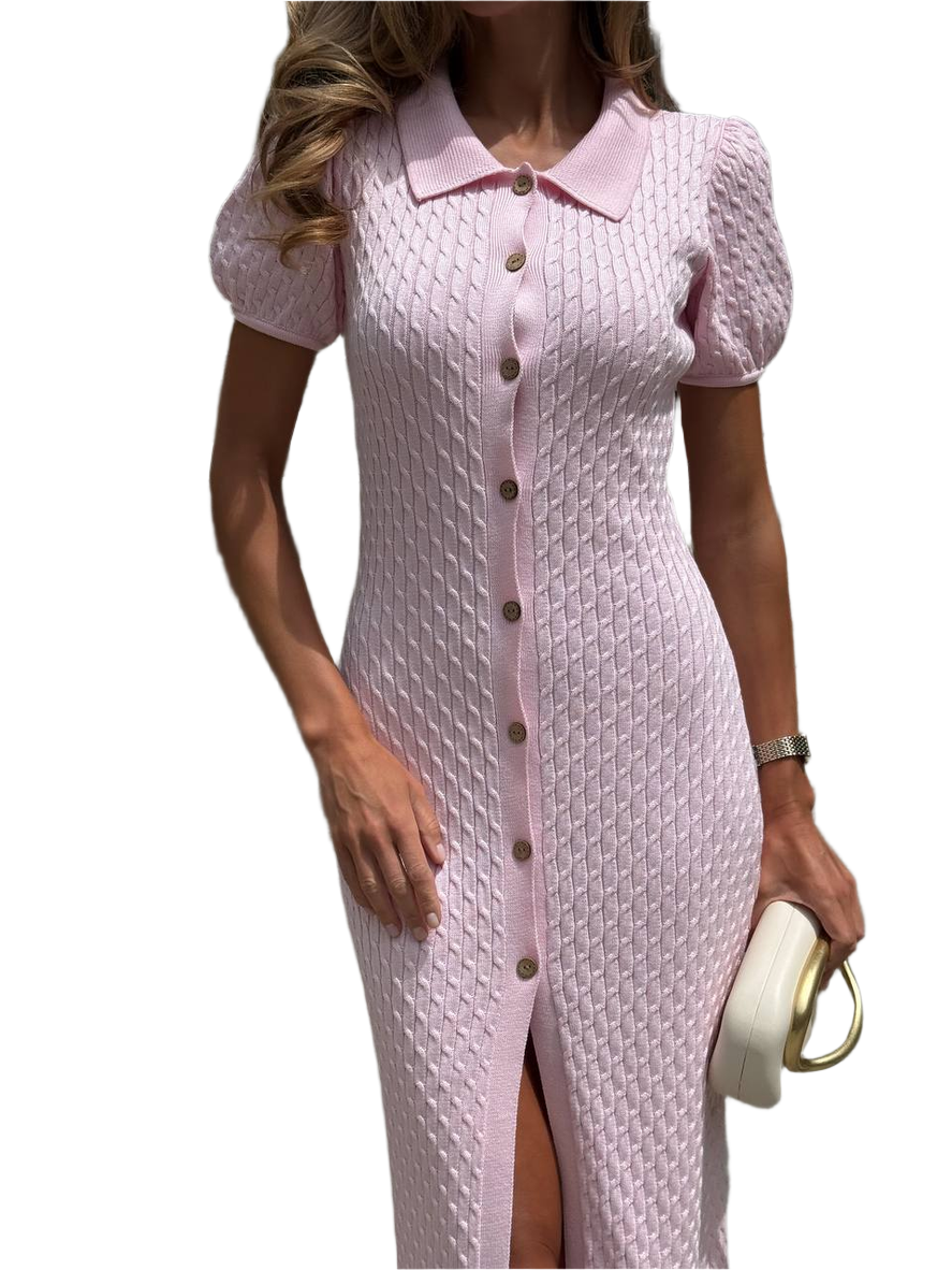 Jasmin Pink Button-Up Cotton Dress with Slit for Women