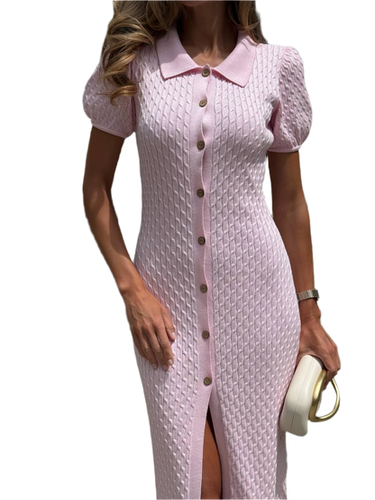 Jasmin Pink Button-Up Cotton Dress with Slit for Women