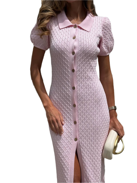 Jasmin Pink Button-Up Cotton Dress with Slit for Women