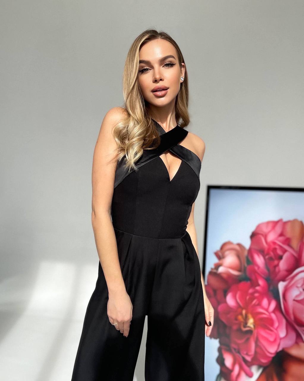 Electra Black Jumpsuit for Women with Satin Details