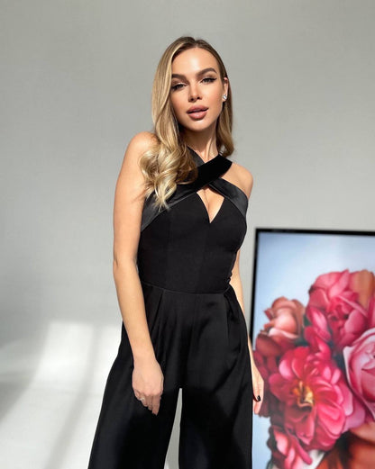 Electra Black Jumpsuit for Women with Satin Details