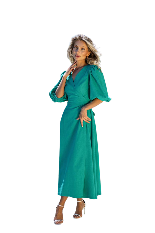 Linen Sundress for Women with Puff Sleeves and High Slit
