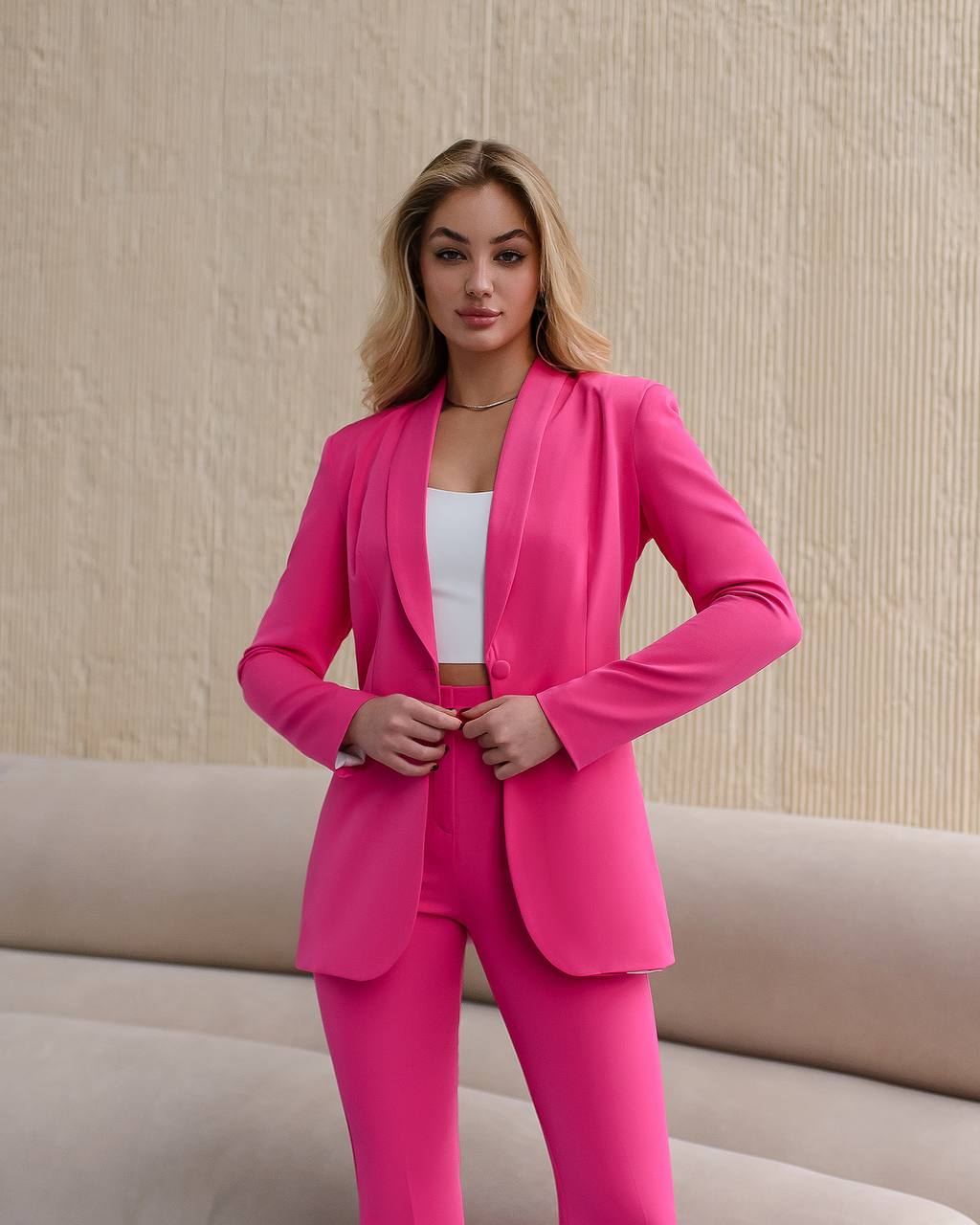 Womens Pink Suit with Lined Blazer and Flared Pants