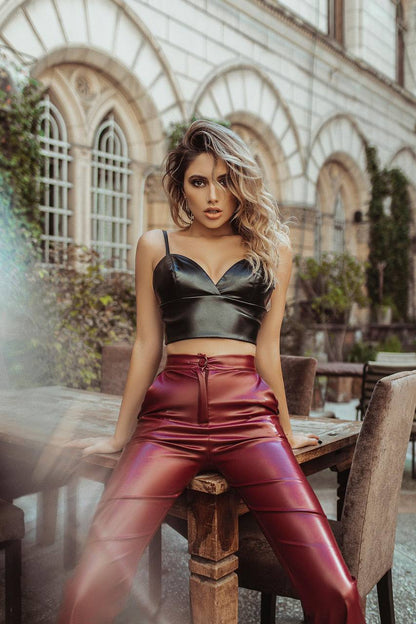 Womens Eco Leather Crop Top Spaghetti Strap
