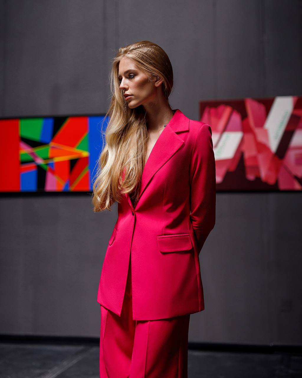 Womens Tailored Blazer and Wide Leg Trouser Suit in Diagonal Suiting Crepe