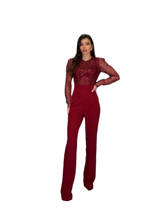 Elegant Women's Jumpsuit with Sequin Mesh and Beaded Burgundy Top