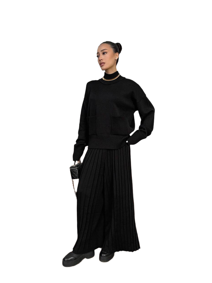 Womens Black Sweater And Cropped Culotte Pants Suit