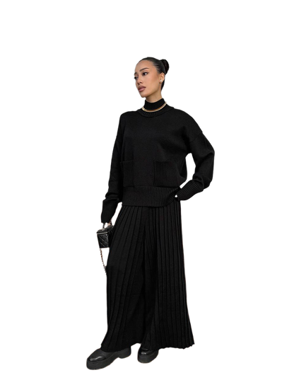 Womens Black Sweater And Cropped Culotte Pants Suit