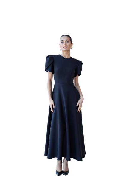 Elegant Women's Black Diagonal Crepe Dress with Puff Sleeves