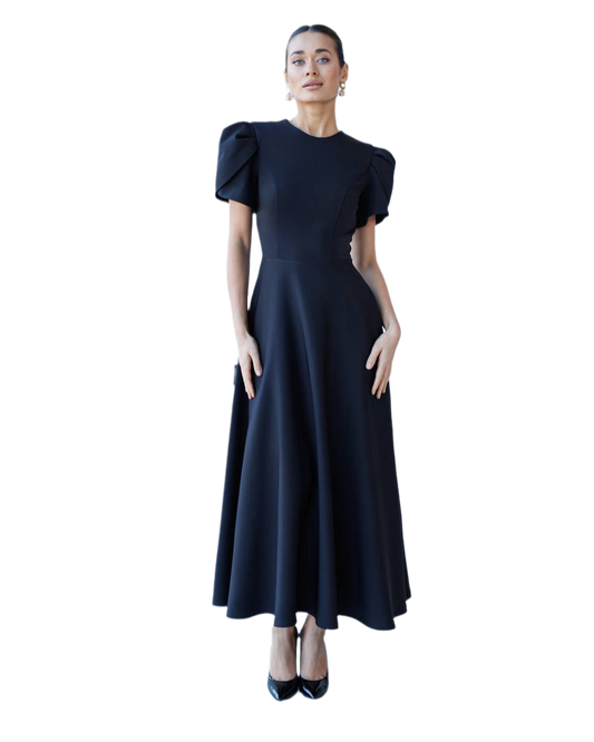 Elegant Women's Black Diagonal Crepe Dress with Puff Sleeves