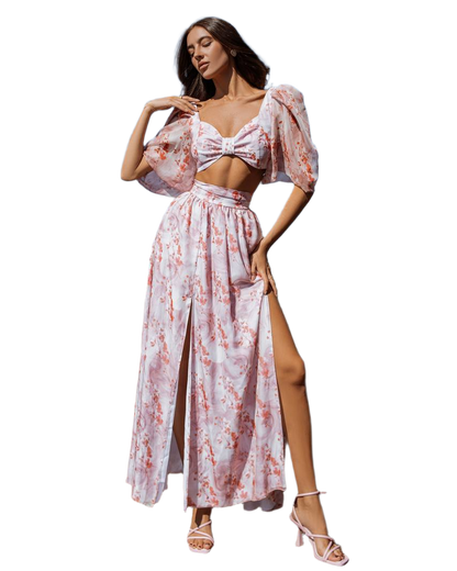 Womens Floral Print Chiffon Top and Skirt Set with Lining