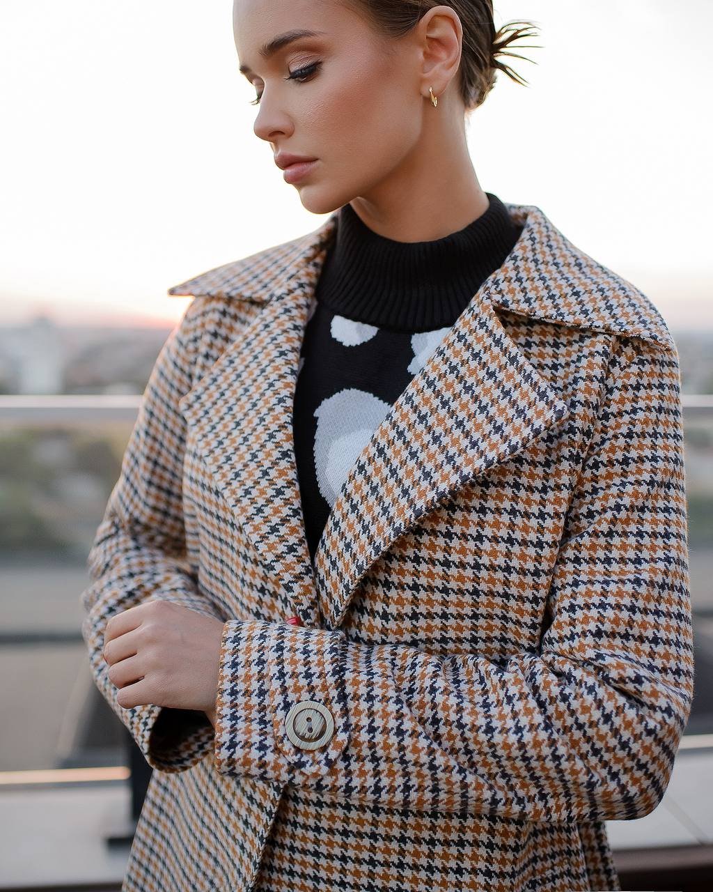 Womens Turkish Fabric Houndstooth Pattern Long Coat with Belt