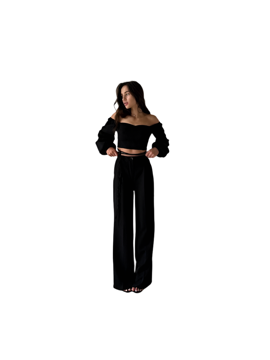 Elegant Black Two-Piece Set High-Waist Pants and Off-Shoulder Top