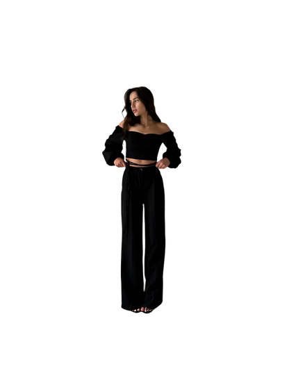 Elegant Black Two-Piece Set High-Waist Pants and Off-Shoulder Top