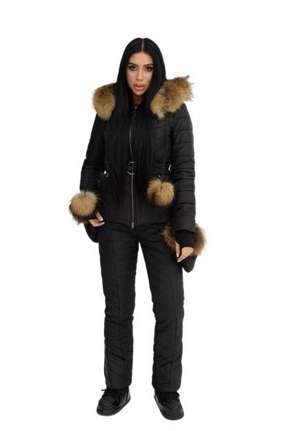 Womens Winter Warm Ski Suit with Siliconized Fiber Insulation and Natural Raccoon Fur