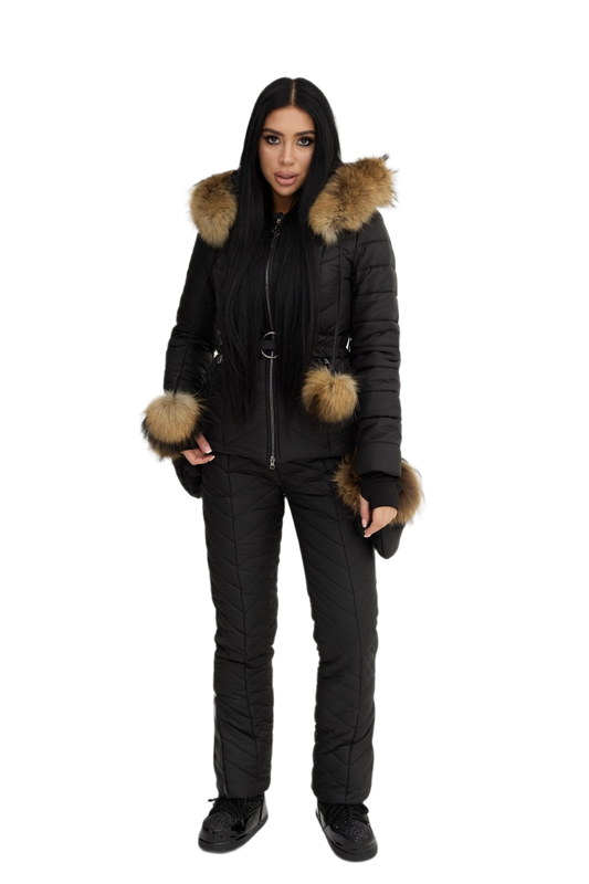 Womens Winter Warm Ski Suit with Siliconized Fiber Insulation and Natural Raccoon Fur