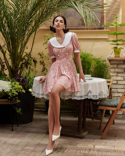 Short Floral Print Dress with Cotton Collar and Puff Sleeves