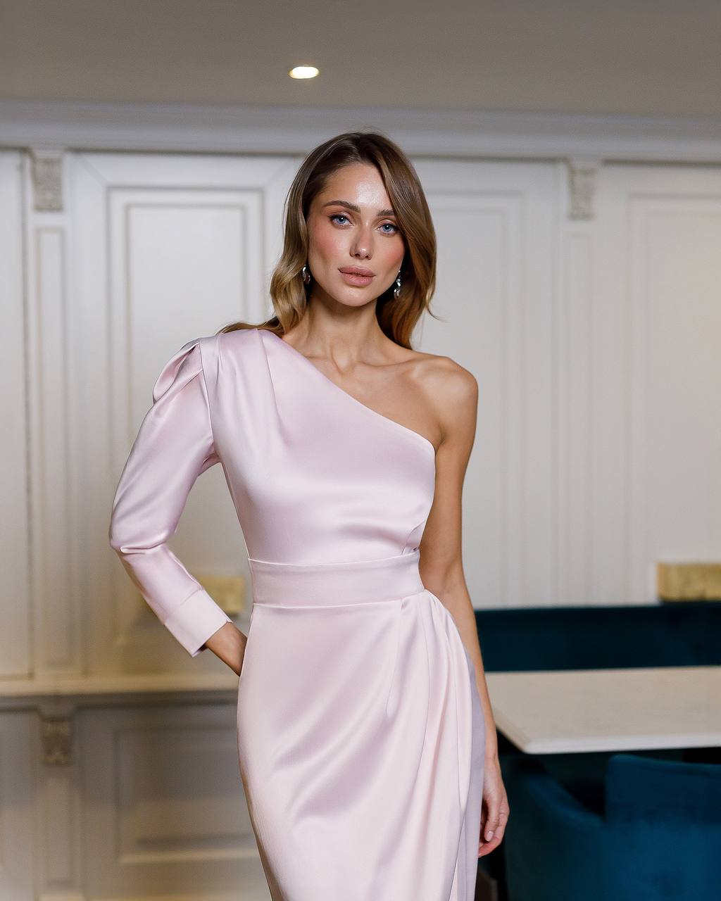 One-Shoulder Midi Dress in Powder Pink Satin