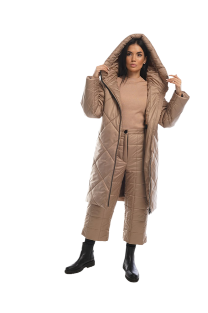 Womens Winter Warm Suit Quilted Coat and Cropped Pants Beige Water Repellent