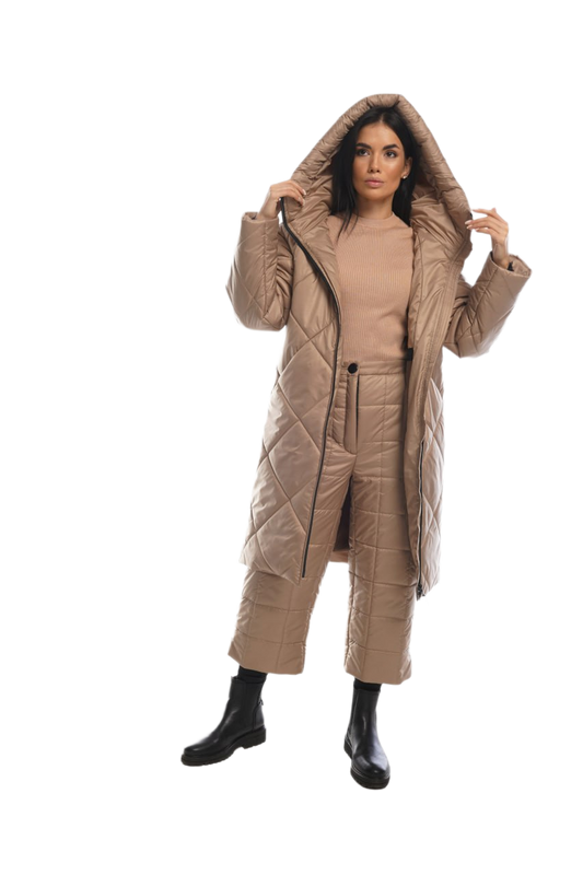 Womens Winter Warm Suit Quilted Coat and Cropped Pants Beige Water Repellent