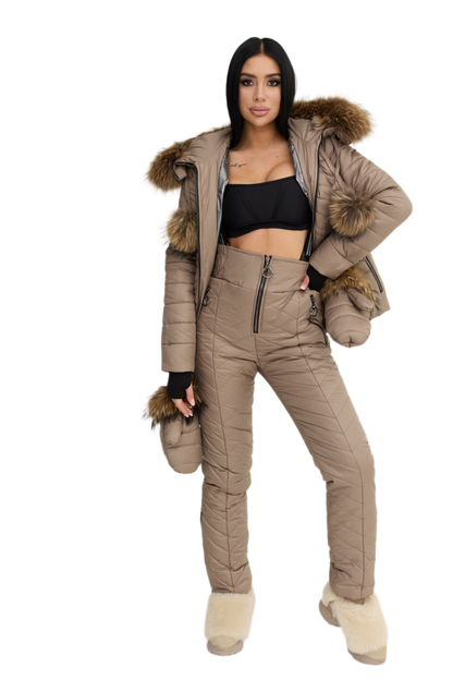 Womens Winter Warm Ski Snowboarding Suit Jacket and Pants with Natural Raccoon Fur